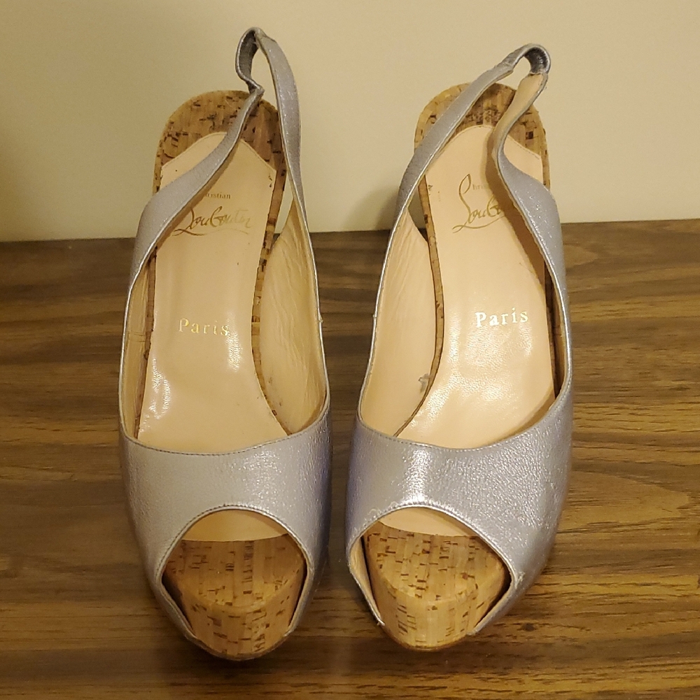 Christian Louboutin Silver Peep-Toe Wedge Sandals